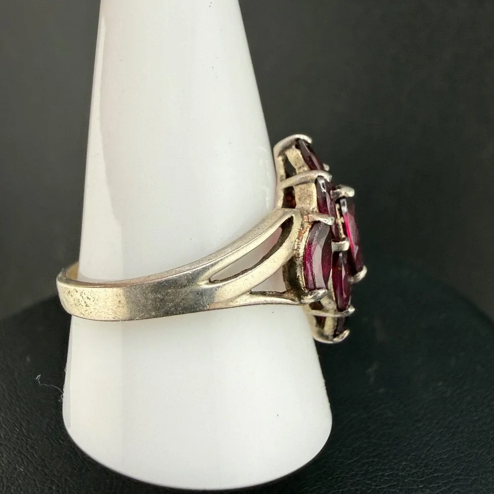 Vintage Avon Sterling Silver Ring Red Rhinestone Cluster Statement 925 Size 11